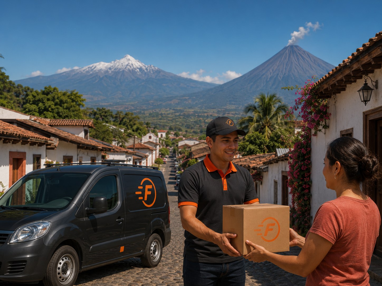 Courier FULGO entregando en Comala con volcanes al fondo
